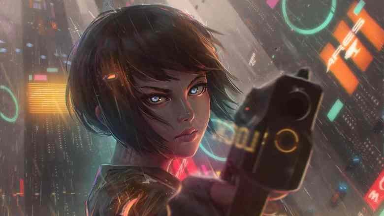 Cyberpunk anime girl with pistol